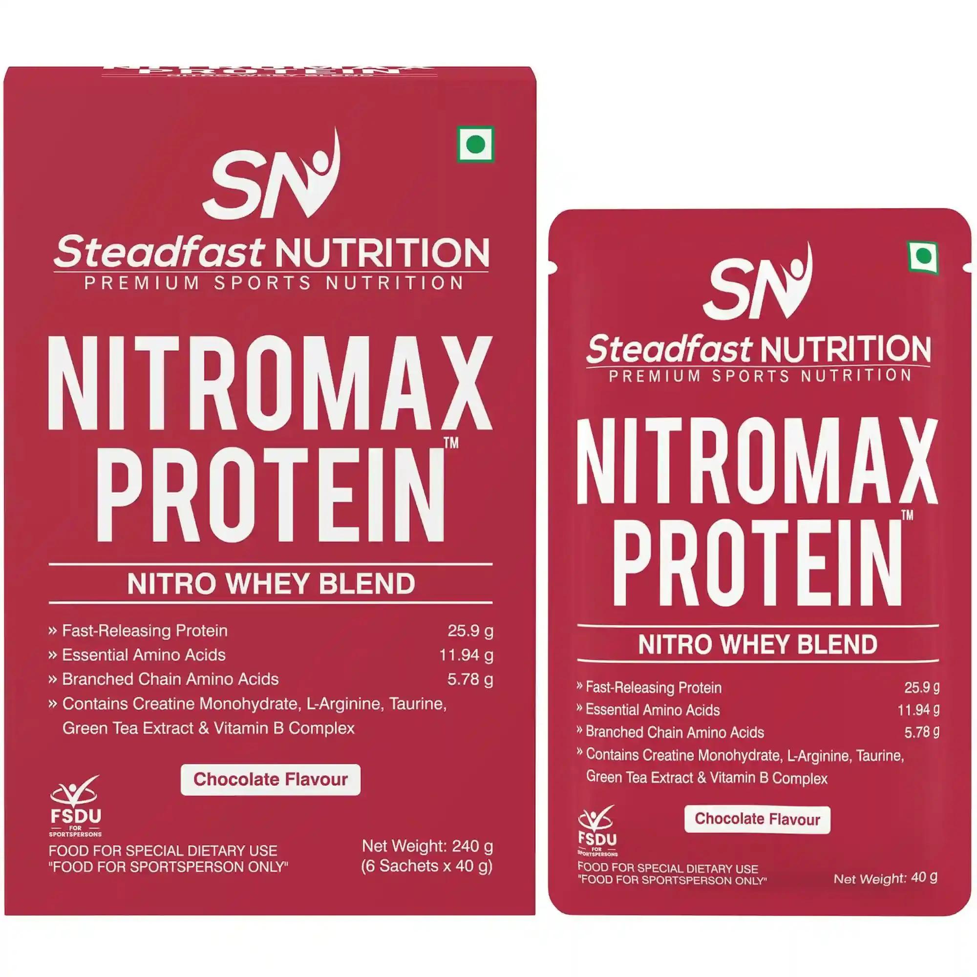 STEADFAST NUTRITION Nitromax Protein | Fast Releasing Protein, EAA, BCAA per sachet | Increases Muscle pump, strength, Lean Muscle