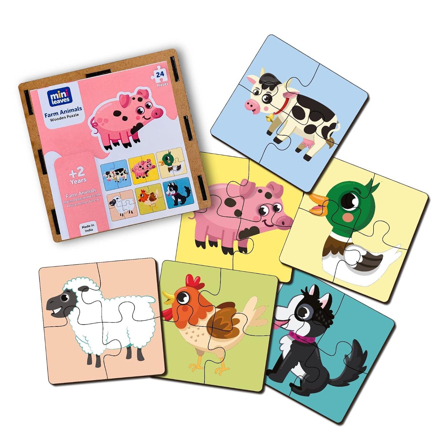 Mini Leaves 4 Piece Farm Animals Wooden Puzzle for Kids