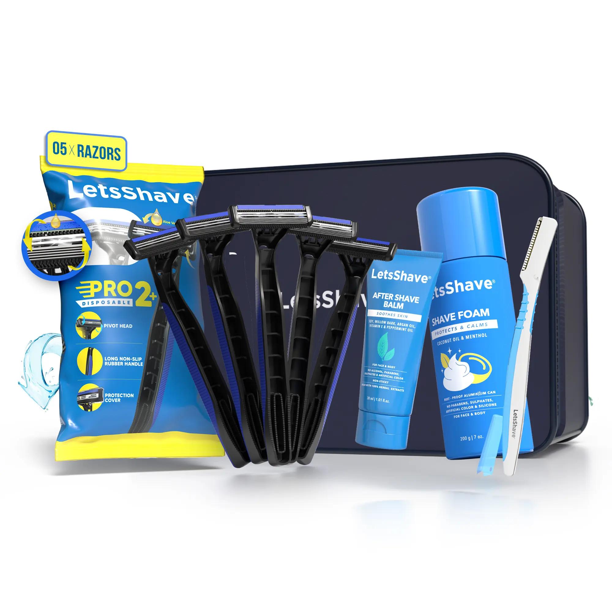 LetsShave Pro 2 Disposable Pack Of 5 Combo Pro 2 Plus Disposable Razor (5)+ After Shave Balm 30 Ml+Shave Foam -200G+Travel Pouch+Pro Styler (1)