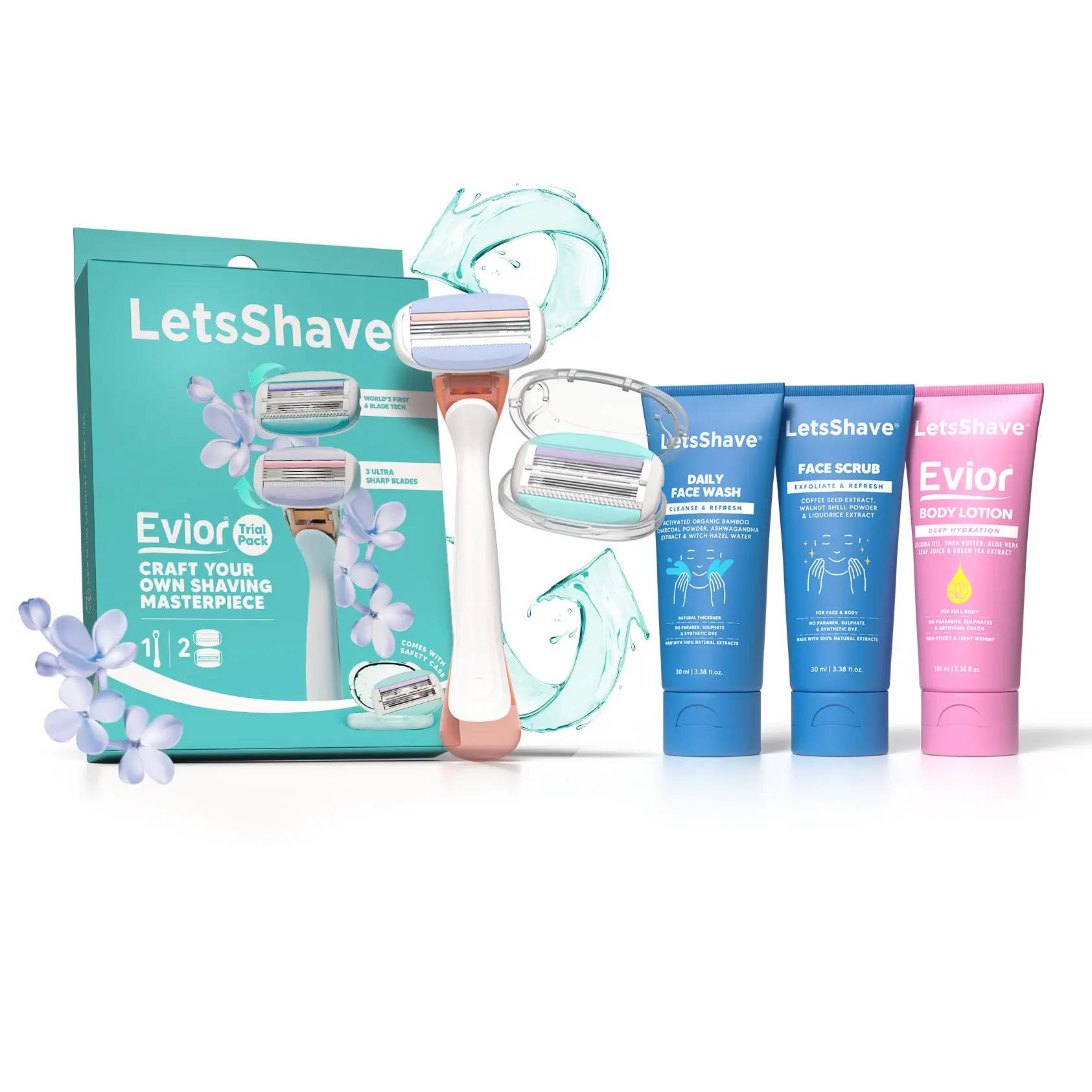 LetsShave Evior Trial Pack Executive Set For Womens | Evior Trial Pack, Body Lotion 30Ml,Face Scrub 30Ml, Face Wash 30Ml | Dual Moisture Bar & Micro Comb Guard Bar | Made In South Korea