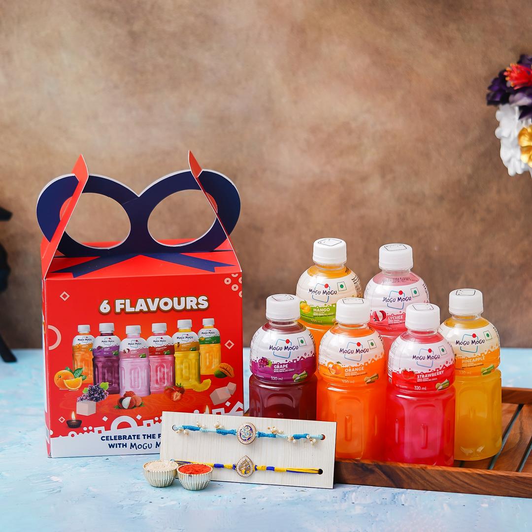 Mogu Mogu Multi-Flavour Juices with 25% Nata De Coco (Combo of 6 Different Flavours - Sip & Chew) with a Combo of Handcrafted Rakhis | Exquisite Raksha Bandhan Gift Hamper to Pamper Your Special One