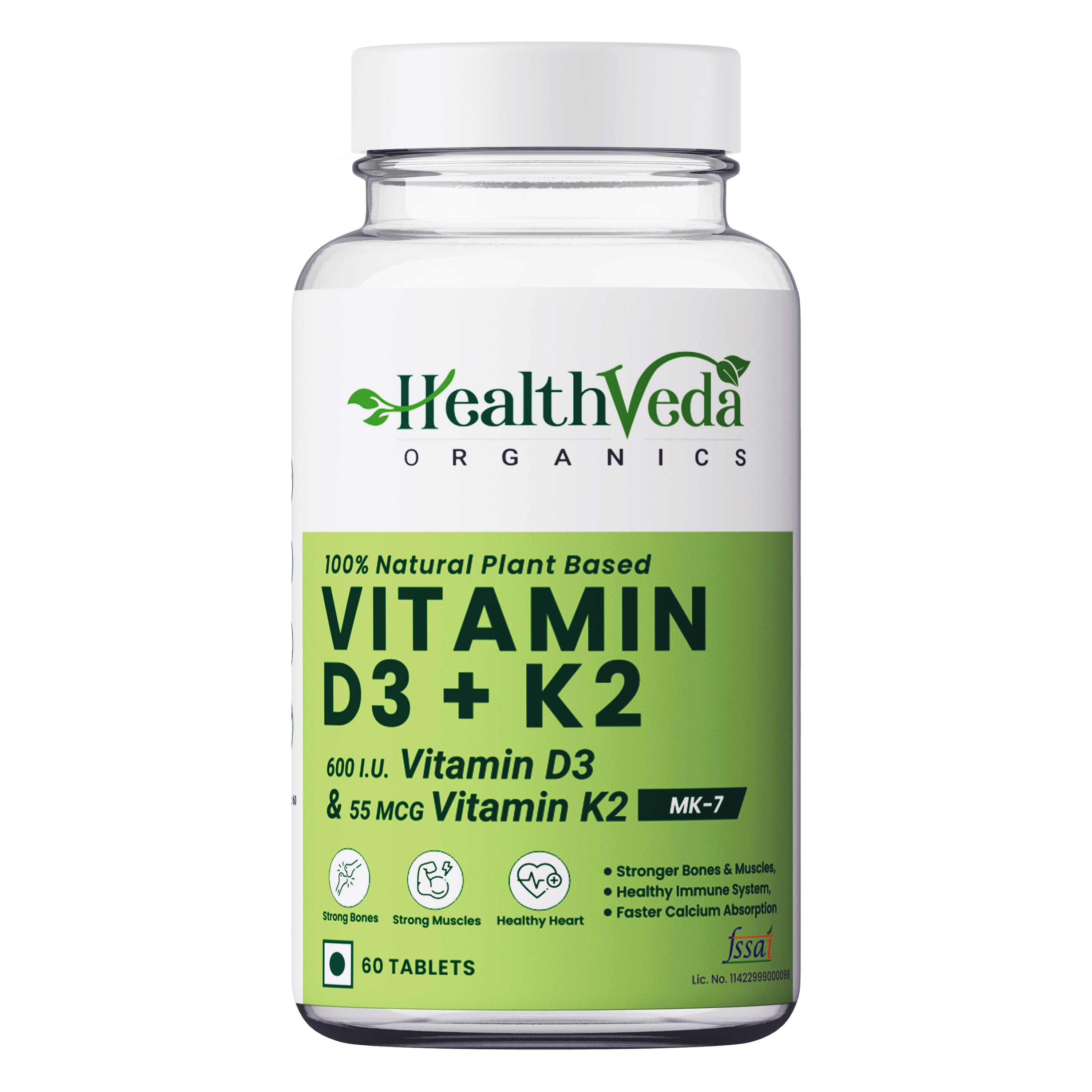 Health Veda Organics Vitamin D3+K2 as MK7 Supplement for Healthy Bones, Boosts Immune System & Joint Care, 60 Veg Tablets