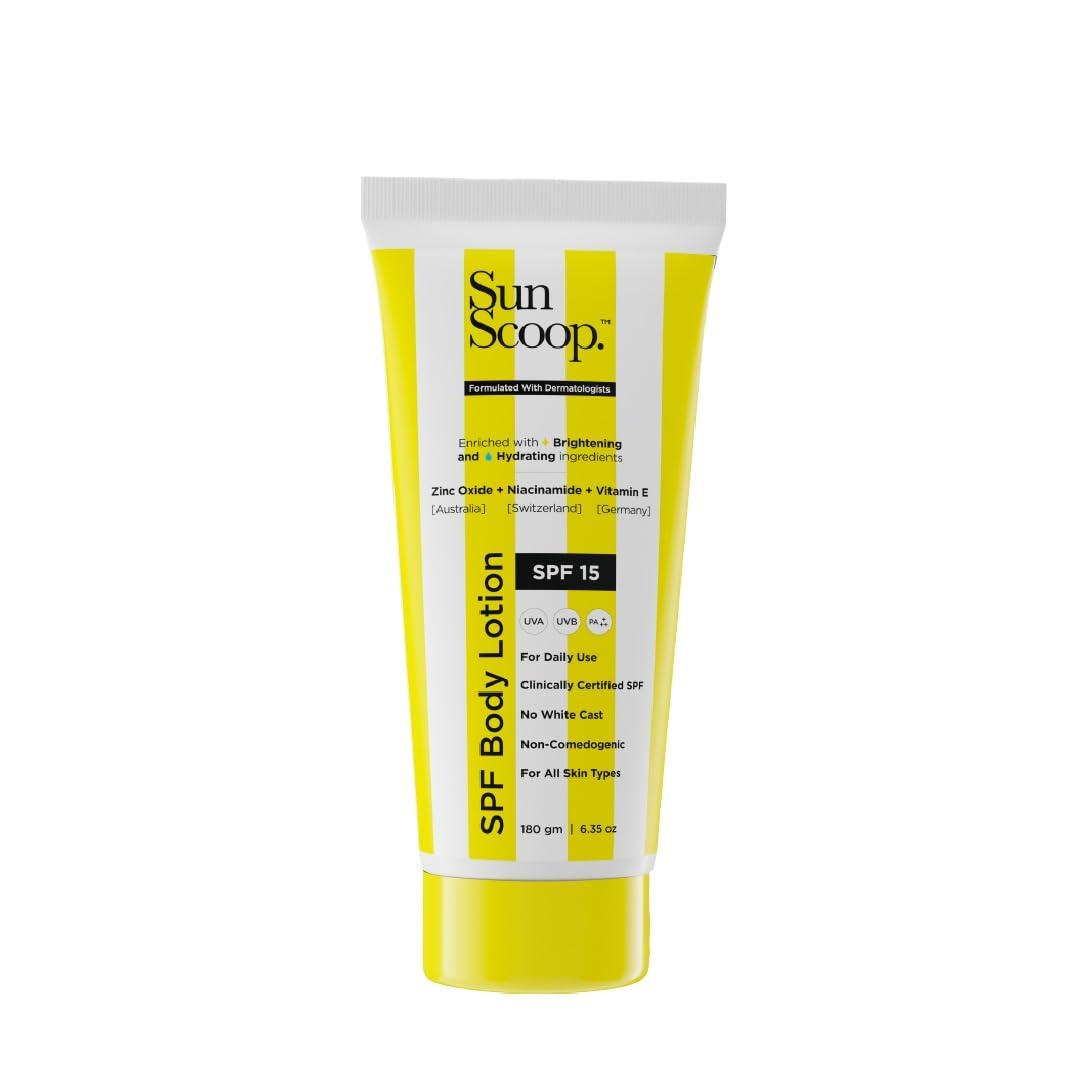 SunScoop SPF Body Lotion | SPF 15 | Enriched with Zinc Oxide + Niacinamide + Vitamin E | No White Cast | Hydrating and Brightening | For All Skin Types | Anti-ageing and Even Skin tone | UVA UVB PA+++ | Unisex | 180g