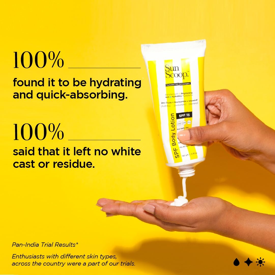 SunScoop SPF Body Lotion | SPF 15 | Enriched with Zinc Oxide + Niacinamide + Vitamin E | No White Cast | Hydrating and Brightening | For All Skin Types | Anti-ageing and Even Skin tone | UVA UVB PA+++ | Unisex | 180g