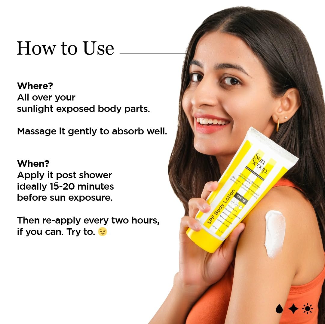 SunScoop SPF Body Lotion | SPF 15 | Enriched with Zinc Oxide + Niacinamide + Vitamin E | No White Cast | Hydrating and Brightening | For All Skin Types | Anti-ageing and Even Skin tone | UVA UVB PA+++ | Unisex | 180g