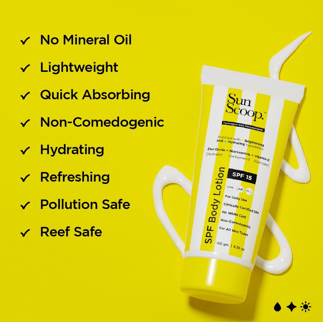 SunScoop SPF Body Lotion | SPF 15 | Enriched with Zinc Oxide + Niacinamide + Vitamin E | No White Cast | Hydrating and Brightening | For All Skin Types | Anti-ageing and Even Skin tone | UVA UVB PA+++ | Unisex | 180g