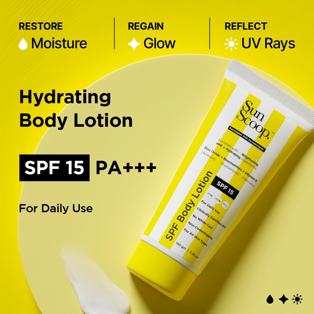 SunScoop SPF Body Lotion | SPF 15 | Enriched with Zinc Oxide + Niacinamide + Vitamin E | No White Cast | Hydrating and Brightening | For All Skin Types | Anti-ageing and Even Skin tone | UVA UVB PA+++ | Unisex | 180g
