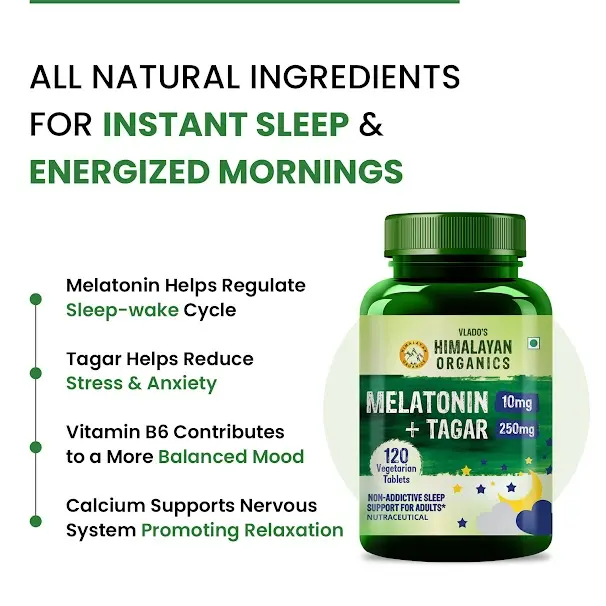 Vlado's Himalayan Organics Melatonin 10mg + Tagar 250mg | Potent Sleep Aid Formula | 120 Veg Tablets