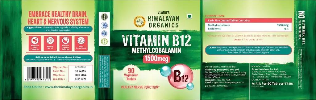 Vlado's Himalayan Organics Methyl cobalamin Vitamin B12 1500mcg Supplement support Brain, Nerve Function and Energy - 90 Veg Tablets