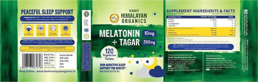 Vlado's Himalayan Organics Melatonin 10mg + Tagar 250mg | Potent Sleep Aid Formula | 120 Veg Tablets