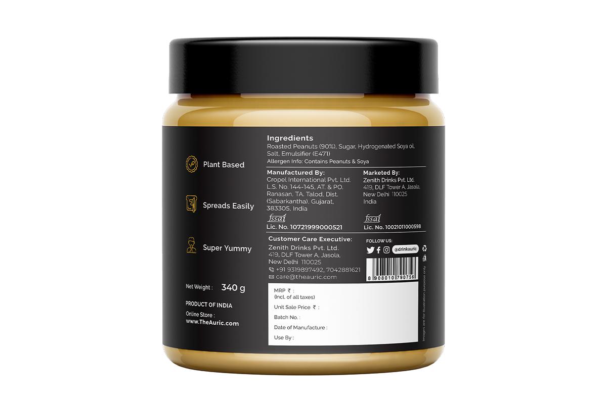 Auric Natural Peanut Butter- Smooth & Creamy - Gluten & Lactose free 340gm