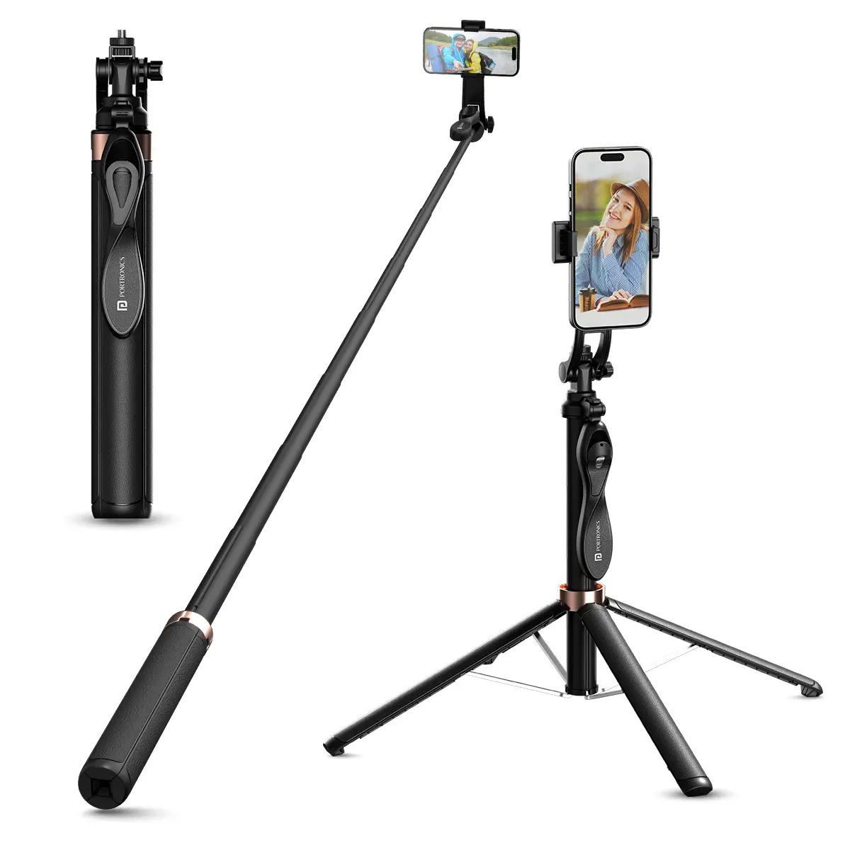 Portronics Lumistick Pro Smart Selfie Stick with 360 Degree Rotation, 10 M Bluetooth Range, 1600 mm Extension Rod, 3 Light Modes for iPhone/Mi/OnePlus/Samsung/Oppo/Vivo and All Phones(Black)