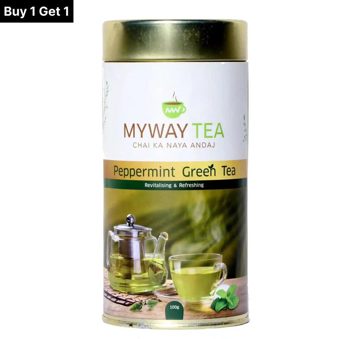 MYWAY TEA Peppermint Green Tea Leaves Loose Leaf Tea, Natural Spearmint, Herbal Infusion Tea, Immune, Low Bitterness, Zero Calories & Improves Metabolism (100Gm) Pack of 1