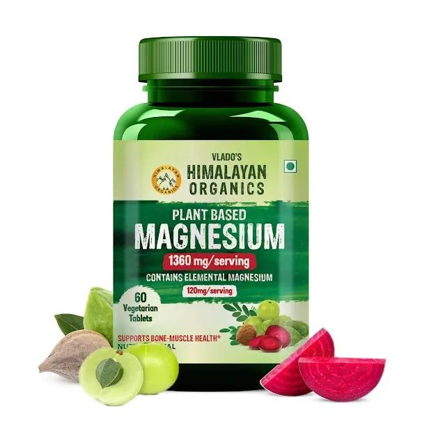 Vlado's Himalayan Organics Plant Based Magnesium Supplement 1360mg With Turmeric Spirulina, Wheatgrass, Moringa | Supports Bone Muscle & Bone Health | Boost Energy Level - 60 Veg Tablets