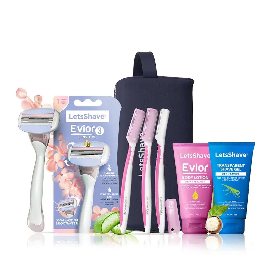 LetsShave Evior 3 Gift Set For Women (Evior 3 Sensitive + Face Razor (3) + Body Lotion 30Ml + Transparent Shave Gel 30 Ml + Travel Pouch)