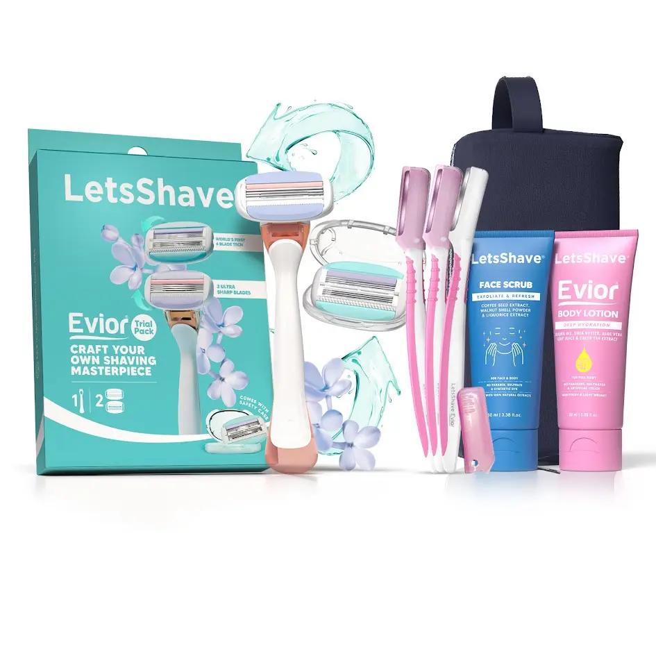 LetsShave Evior Trial Pack Gift Set | Evior Trial Pack, Face Razor, Face Scrub, Body Lotion 30Ml, Travel Pouch| Complete Gift Set