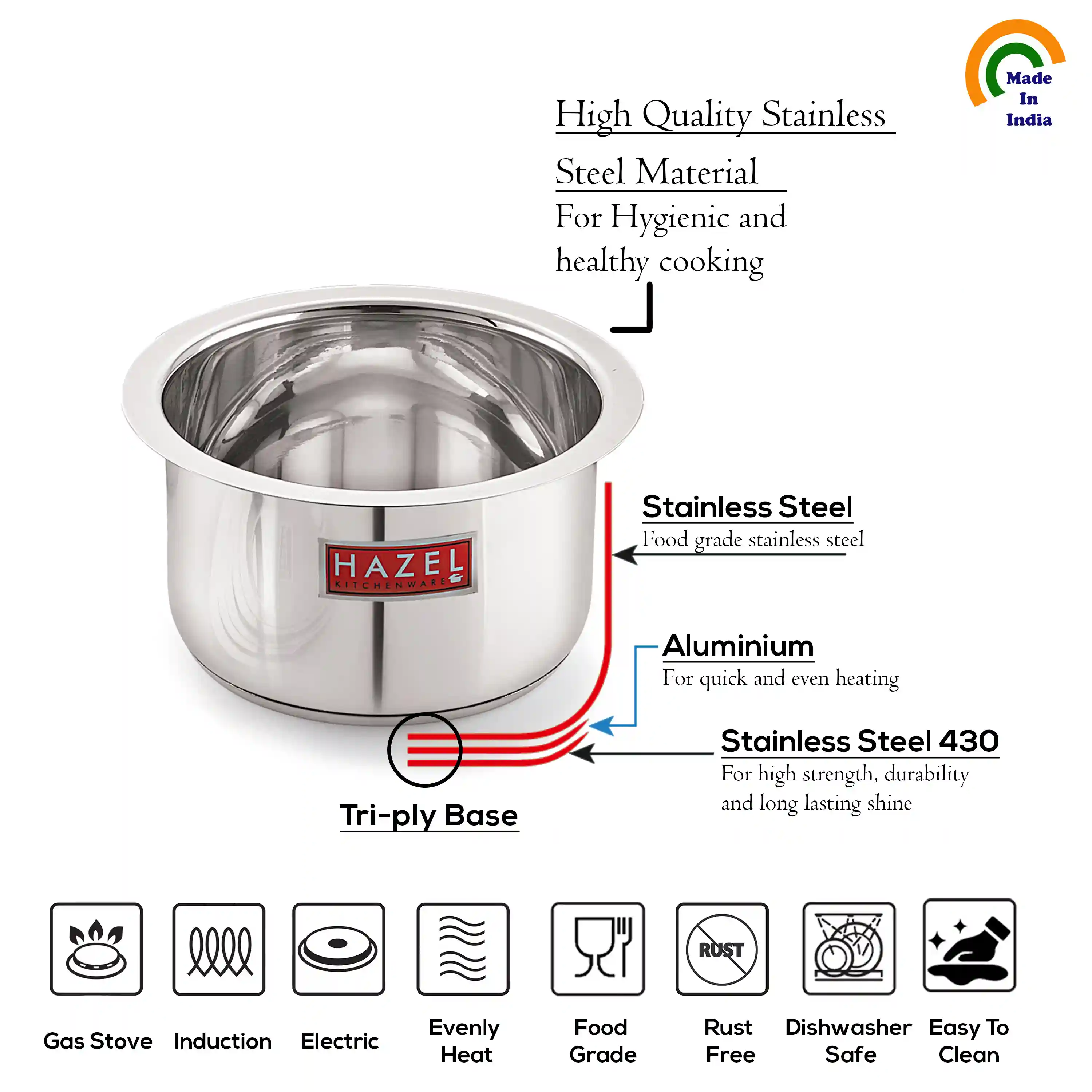 HAZEL Induction Base Tope Stainless Steel Induction Bottom Tope Thick Heavy Flat Base Patila Cookware with Steel Lid Cover 16.8 cm for Cooking (Tope Capacity 1100 ml), Silver