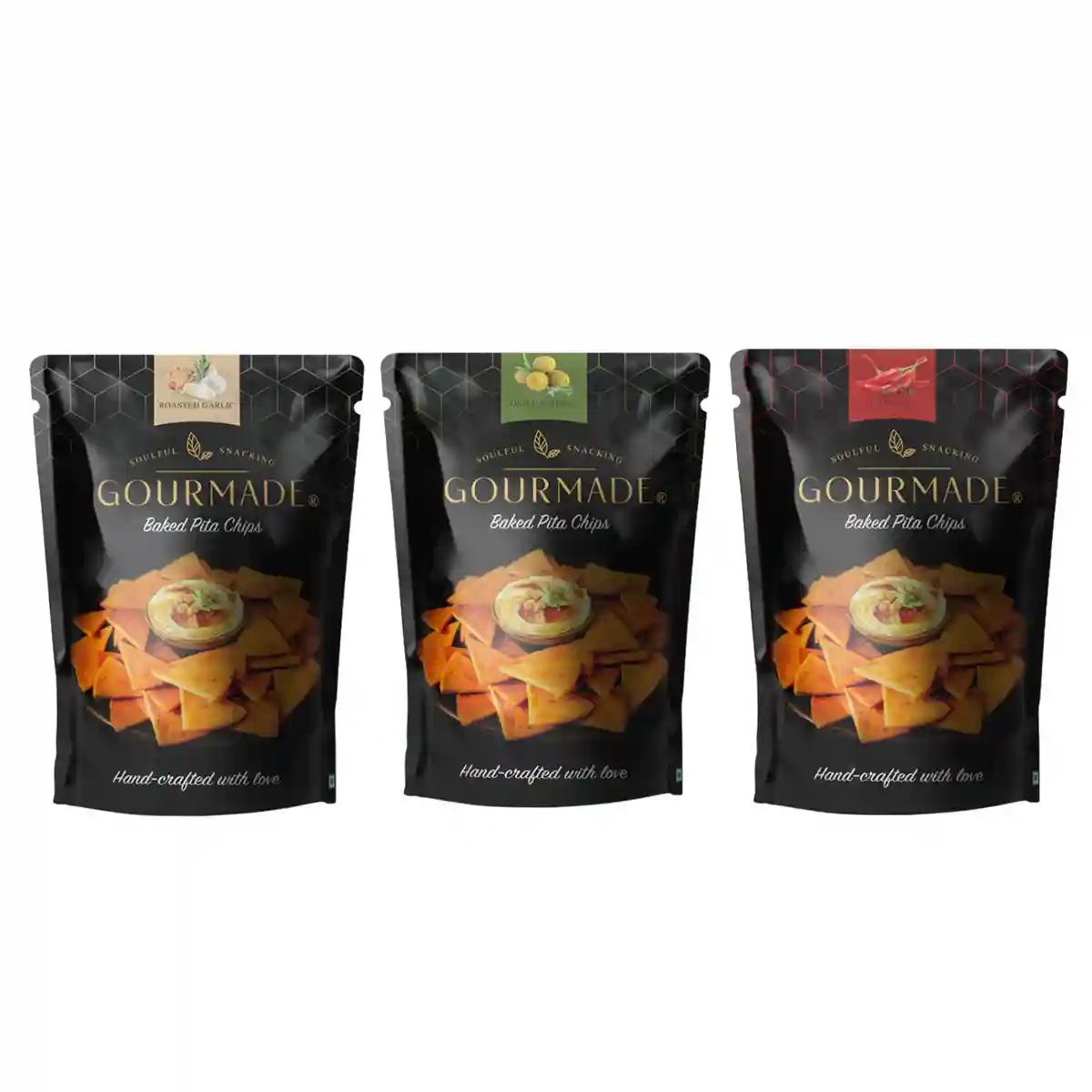 Gourmade Pita Chips Snacking Combo of Chipotle, Roasted Garlic, Olive & Herbs (375gm)