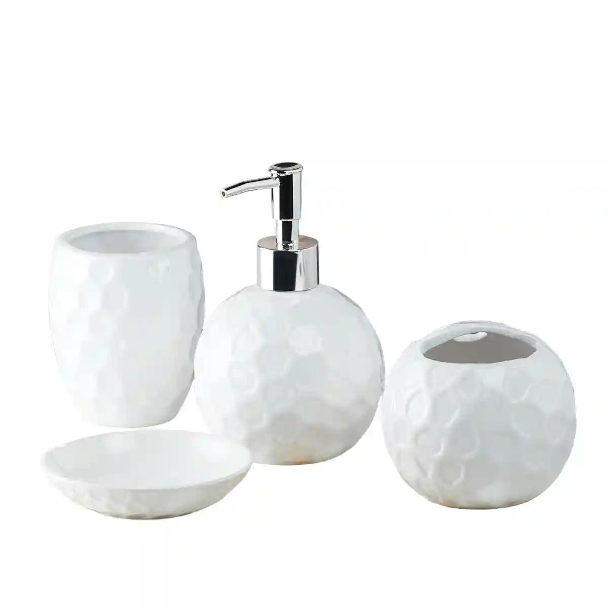 Kookee Ceramic Bathroom Accessories Set of 4, Modern Bath Set with Liquid handwash Soap Dispenser and Toothbrush holder, Luxury Gift Accessory for Home - White (10117)