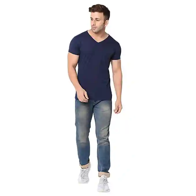 V-Neck Cotton T-shirt for Men - Navy Blue (Small)