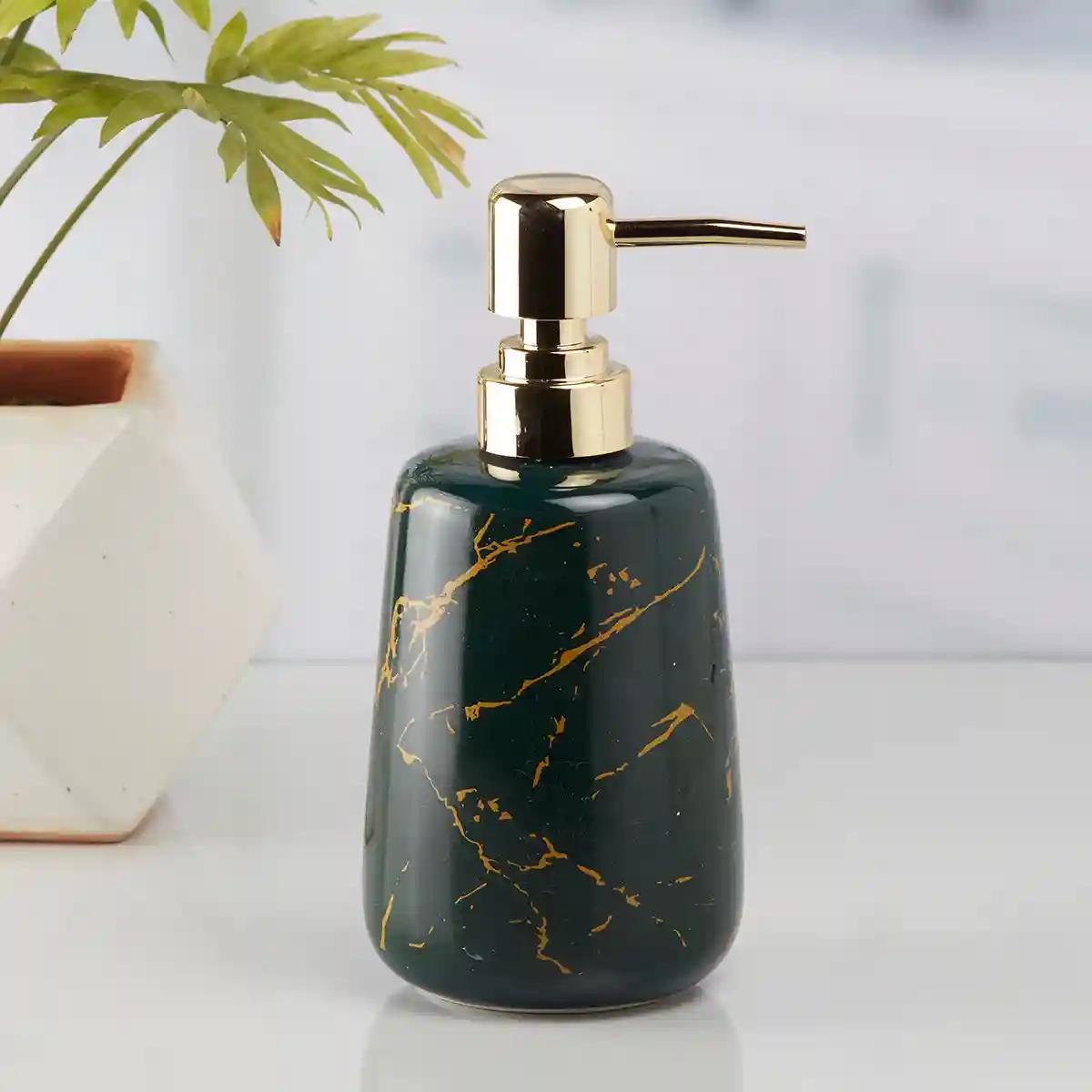 Kookee Ceramic Soap Dispenser for Bathroom handwash, refillable pump bottle for Kitchen hand wash basin, Set of 1 - Green (10200)