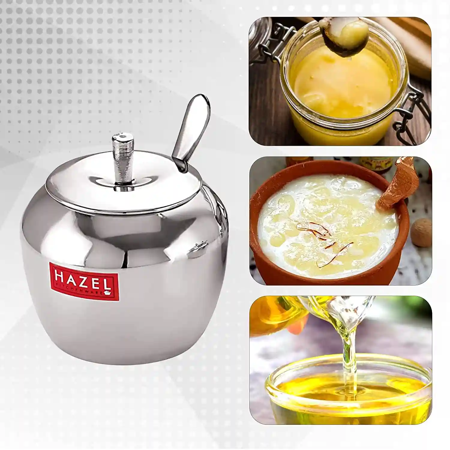 HAZEL Stainless Steel Oil and Ghee Container With Spoon for Kitchen | Multipurpose Oil Container | Capacity of 300ml, Silver (Pack of 1)
