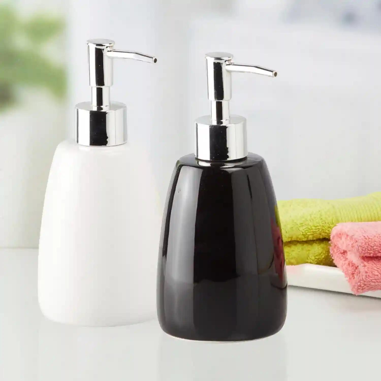 Kookee Ceramic Soap Dispenser for Bathroom hand wash, refillable pump bottle for Kitchen hand wash basin, Set of 2, Black/White (11014)