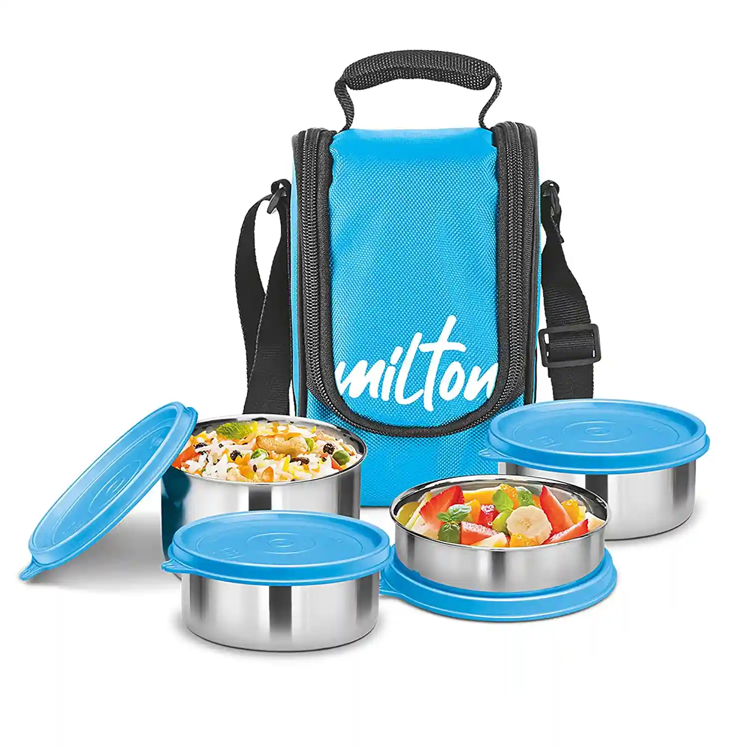 Milton Tasty 4 Stainless Steel Lunch Box with 4 Containers, (1 - 200 ml, 2 - 320 ml Each, 1 - 500 ml), Cyan | Leak proof | Easy to carry | Stainless Steel | Odour Proof | Food Grade | Light Weight | Easy to Clean