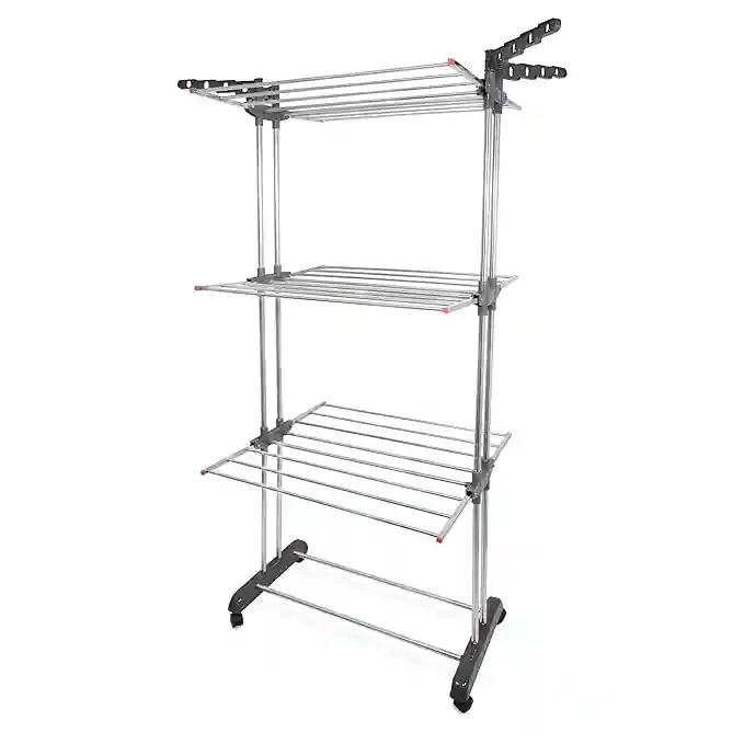 LiMETRO STEEL Stainless Steel Double Pole 3 Layer Stainless Steel Cloth Drying Stand with Hanger