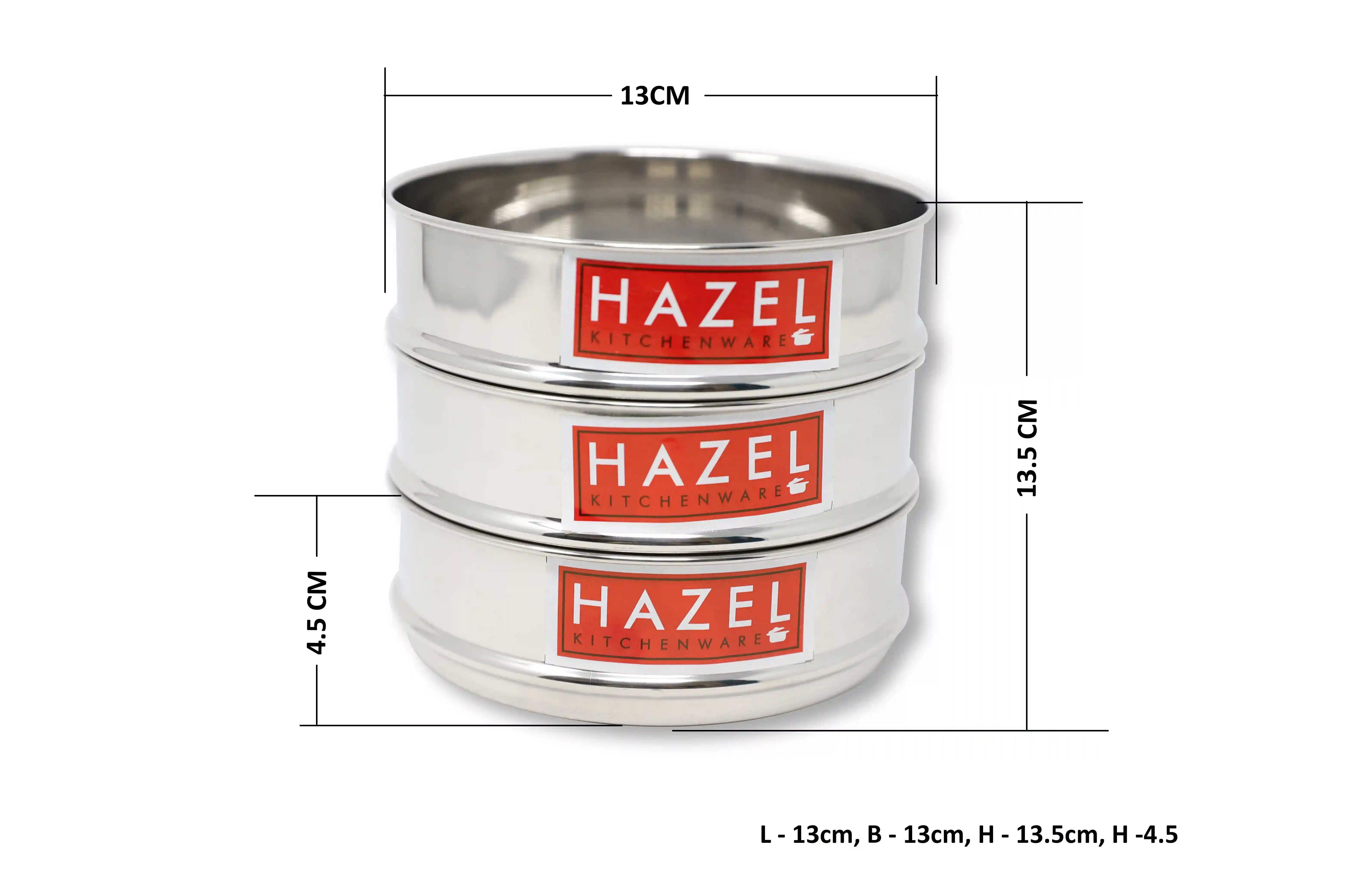 HAZEL Cooker Separator Small Size | Mini Vessel For Cooker Set Of 3, 500 Ml Each With Glossy Finish | Utensil Set Stainless Steel Cooker Dabba | Stackable Cooker Container, Silver, 3 Liter