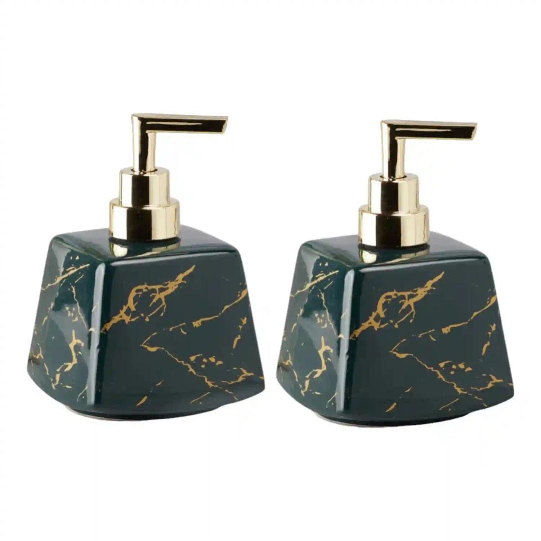 Kookee Ceramic Soap Dispenser for Bathroom hand wash, refillable pump bottle for Kitchen hand wash basin, Set of 2, Green/Gold (10894)