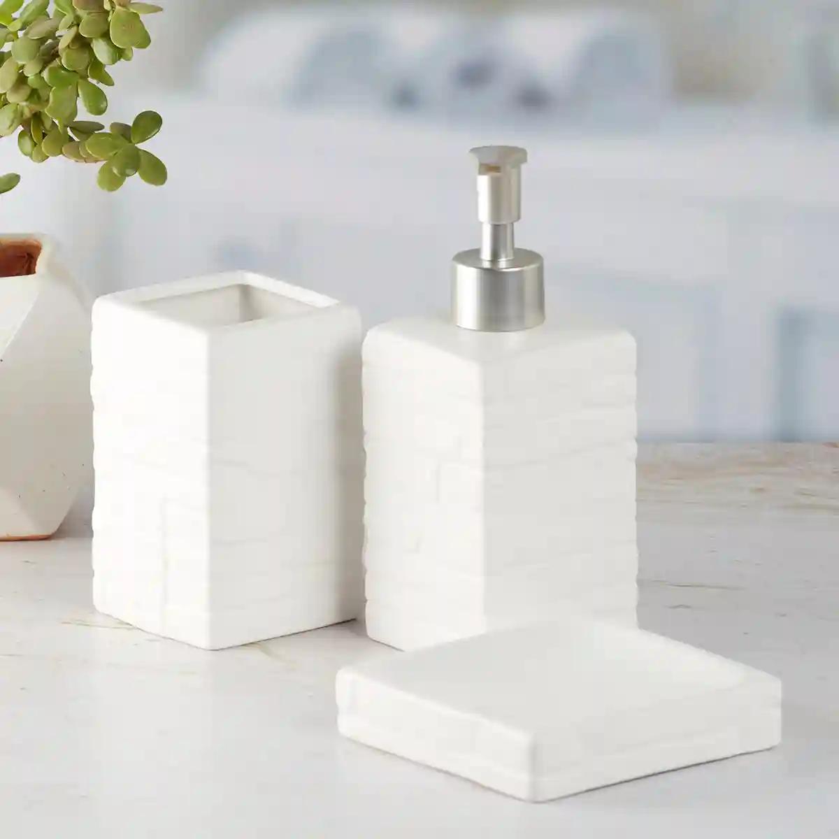 Kookee Ceramic Bathroom Accessories Set of 3, Modern Bath Set with Liquid handwash Soap Dispenser and Toothbrush holder, Luxury Gift Accessory for Home - White (9869)