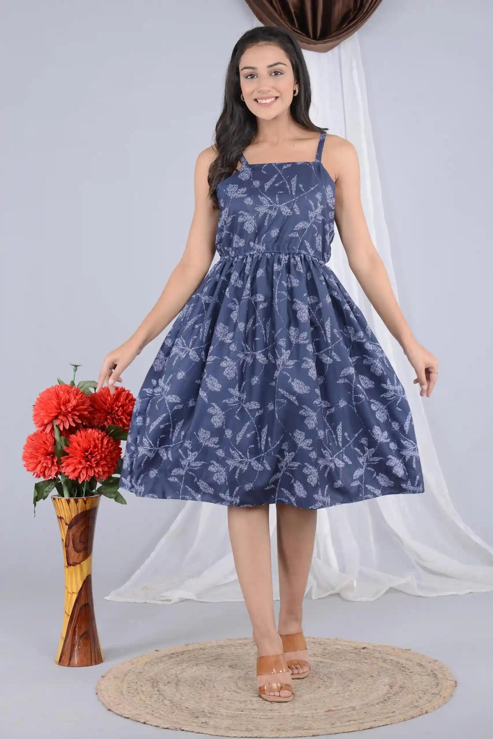 Floral Print Blue Strap Dress for Women - M