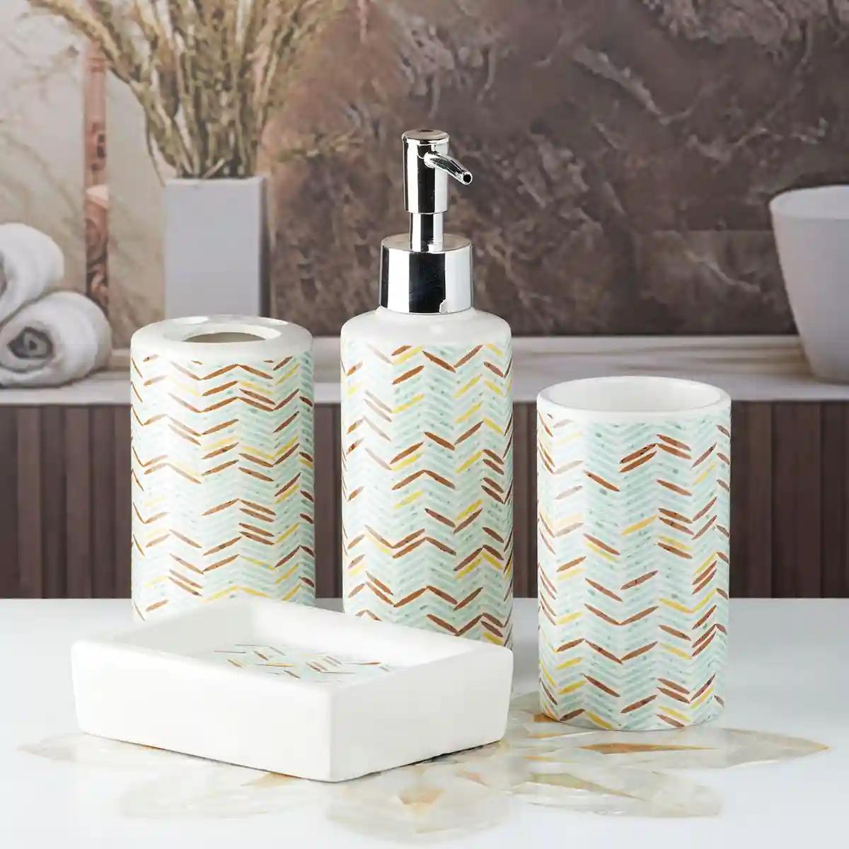 Kookee Ceramic Bathroom Accessories Set of 4, Modern Bath Set with Liquid handwash Soap Dispenser and Toothbrush holder, Luxury Gift Accessory for Home - Multicolor (10056)