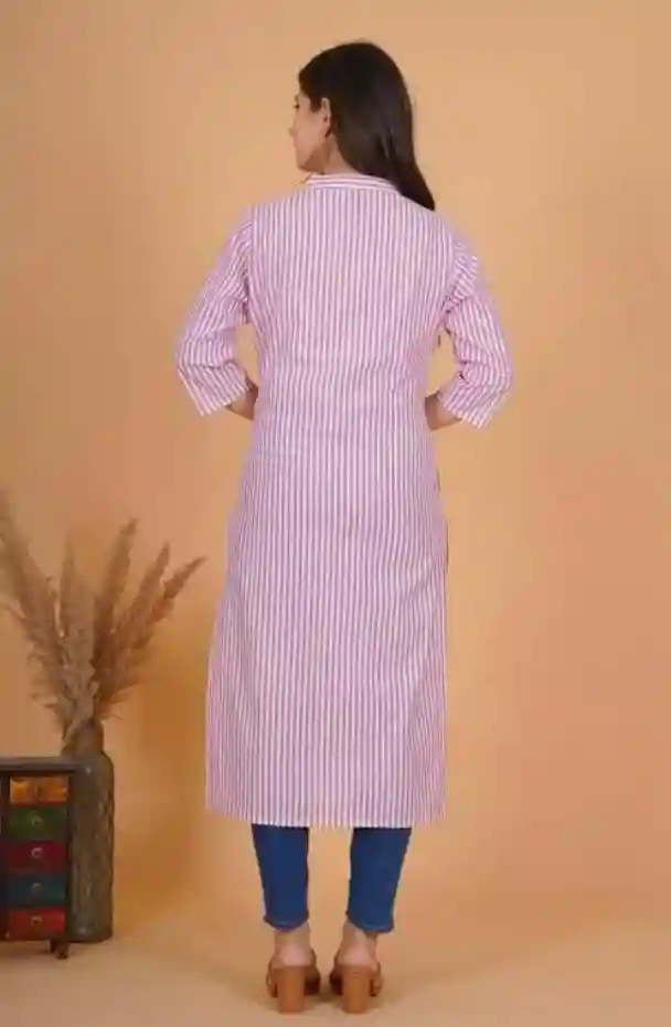 TrendzyKart Women's Cotton Blend Striped Pattern Calf Length A-line Kurti (Lavender, L)