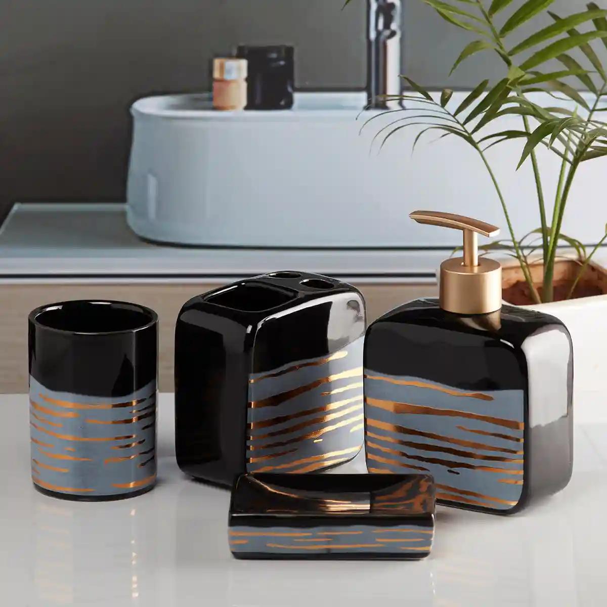 Kookee Ceramic Bathroom Accessories Set of 4, Modern Bath Set with Liquid handwash Soap Dispenser and Toothbrush holder, Luxury Gift Accessory for Home - Black (10074)