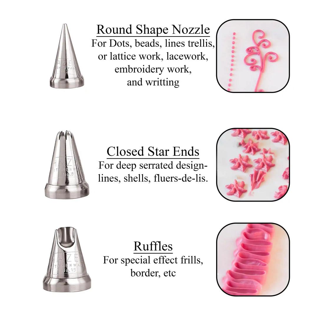 HAZEL Cake Nozzle Set of 3 | Nozzle Set for Cake |Cake Decorating Nozzle Set | Piping Bag Nozzle, (N2 Round Shape, N8 Closed Star Shape, N15 Ruffles Shape) Silver