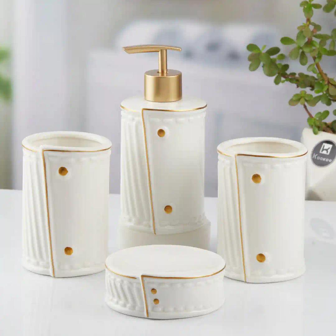 Kookee Ceramic Bathroom Accessories Set of 4, Modern Bath Set with Liquid hand wash Soap Dispenser and Toothbrush holder, Luxury Gift Accessory for Home, White (10373)