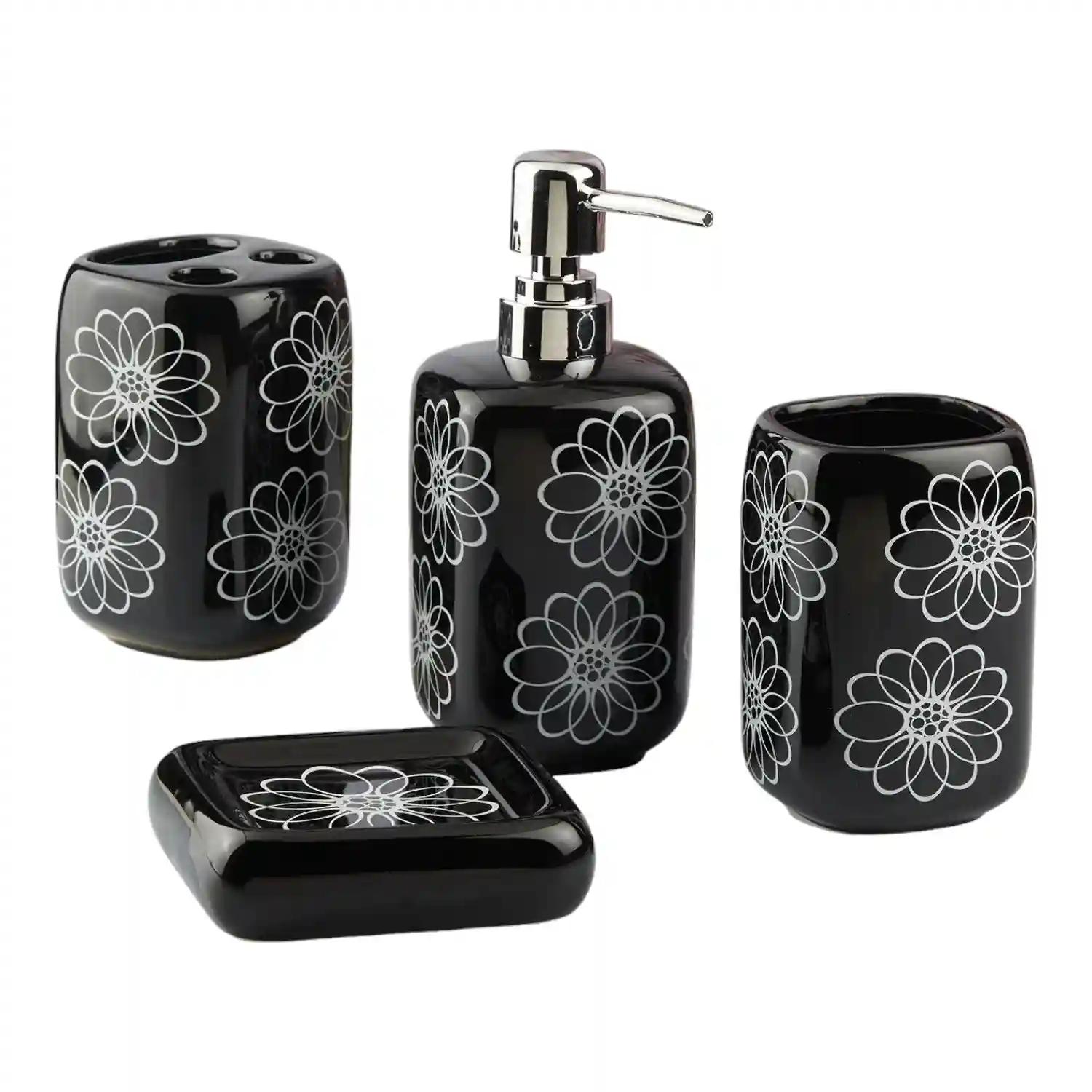 Kookee Ceramic Bathroom Accessories Set of 4, Modern Bath Set with Liquid hand wash Soap Dispenser and Toothbrush holder, Luxury Gift Accessory for Home, Black (10449)