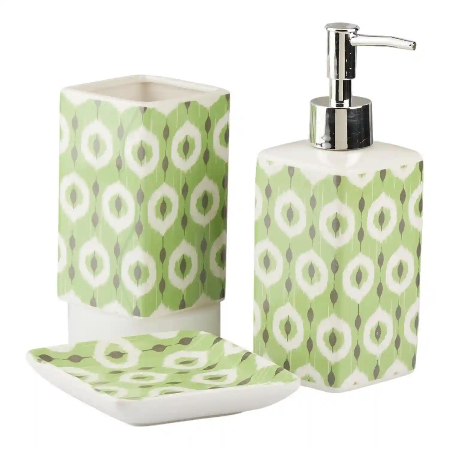 Kookee Ceramic Bathroom Accessories Set of 3, Modern Bath Set with Liquid hand wash Soap Dispenser and Toothbrush holder, Luxury Gift Accessory for Home, Green (10421)