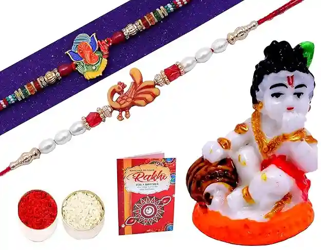 Gold Non-Precious Metal Kundan Rakhi/Rakhi For Brother With Gift/Rakhi Gift For Brother Combo-1 Gold Plated Kundan Rakhi+1 Beads Rakhi+Showpiece Figurine +Roli, Chawal+Rakhi Greeting Card