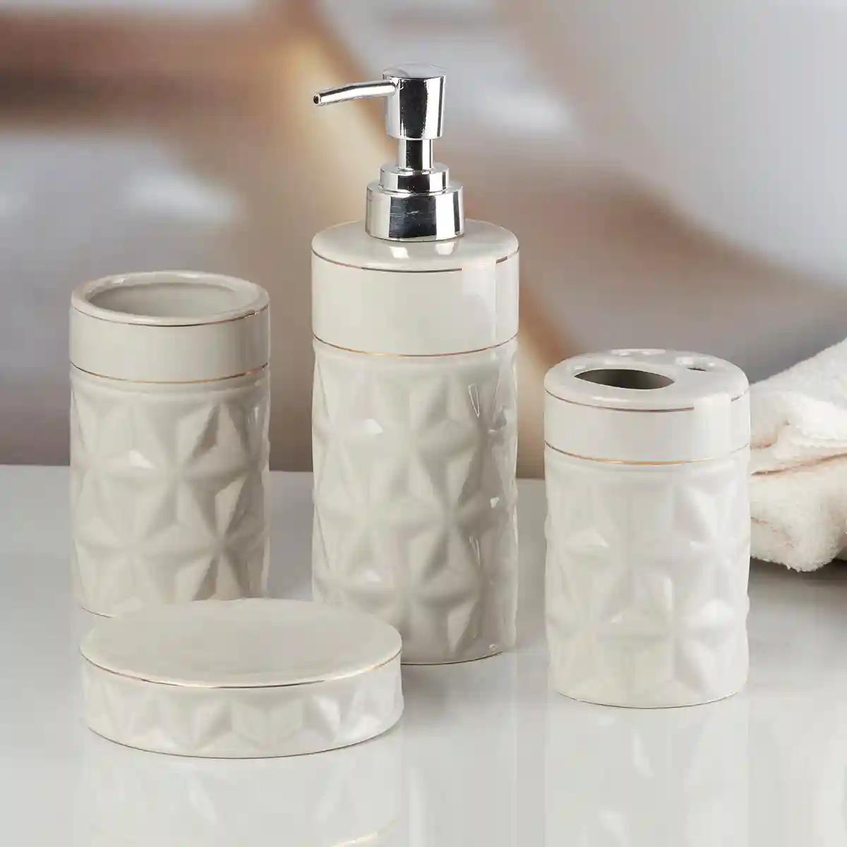 Kookee Ceramic Bathroom Accessories Set of 4, Modern Bath Set with Liquid handwash Soap Dispenser and Toothbrush holder, Luxury Gift Accessory for Home - Off White (10055)