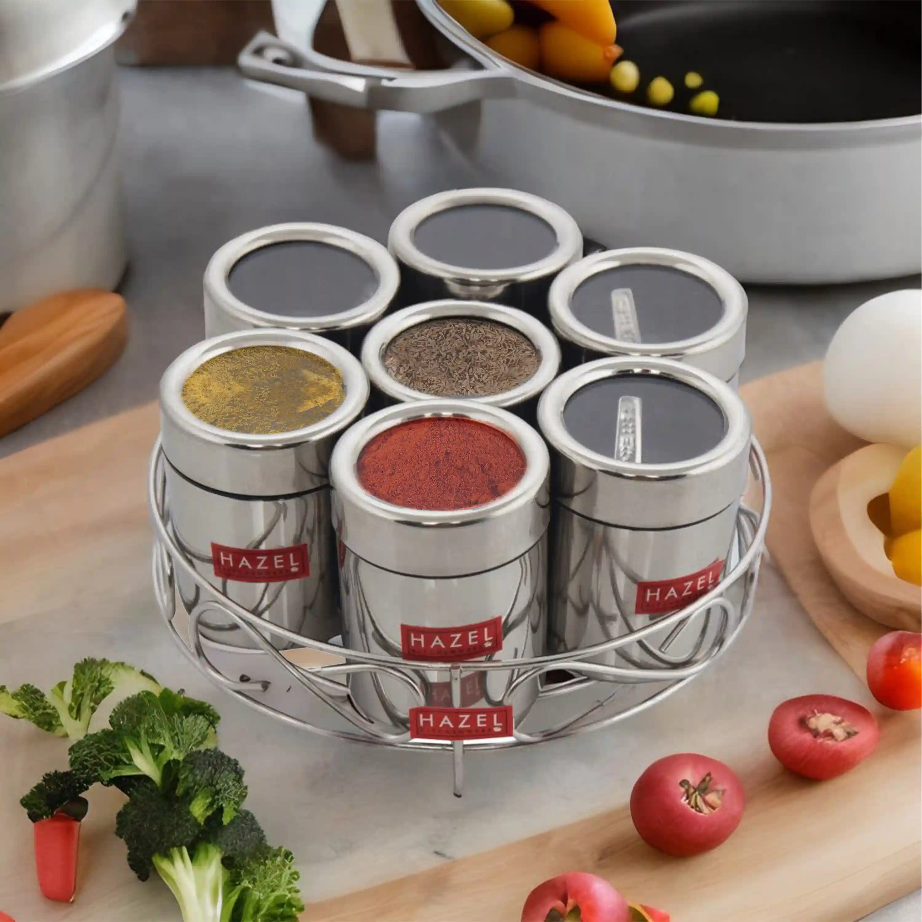 HAZEL Stainless Steel Masala Container | Set of 7 Masala Boxes for Kitchen with 7 Spoons | Small Container for Spices | Airtight Silver Color Box with Glossy Finish