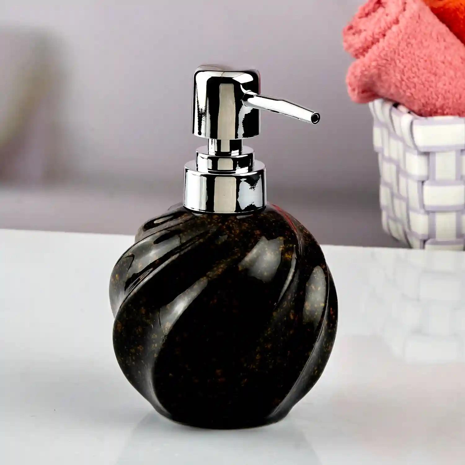 Kookee Ceramic Soap Dispenser for Bathroom hand wash, refillable pump bottle for Kitchen hand wash basin, Set of 2, Black/White (10562)