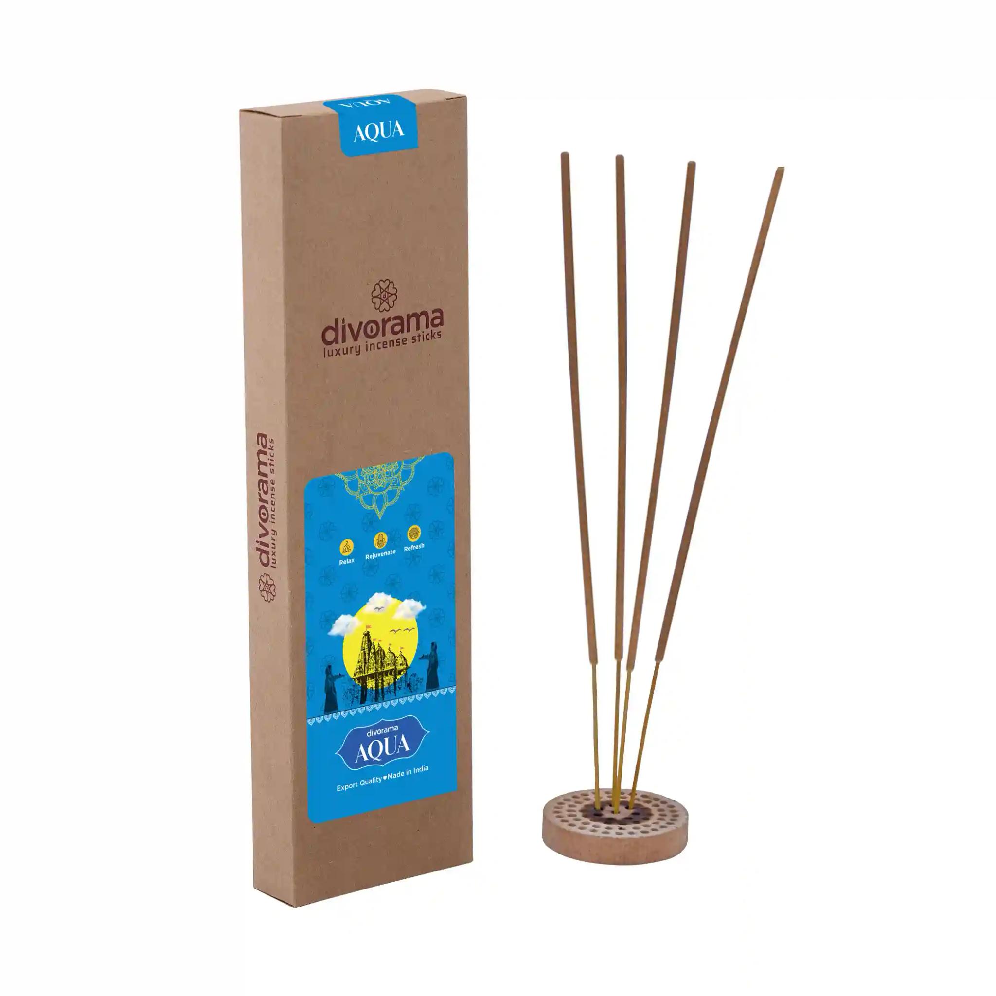 DivoRama Luxury Aqua Incense Sticks Agarbatti - 100% Indian Natural Aroma -  Long Lasting Aqua Agarbatti for Puja, Meditation, Happy Vibes - 60 Sticks-Pack of 1