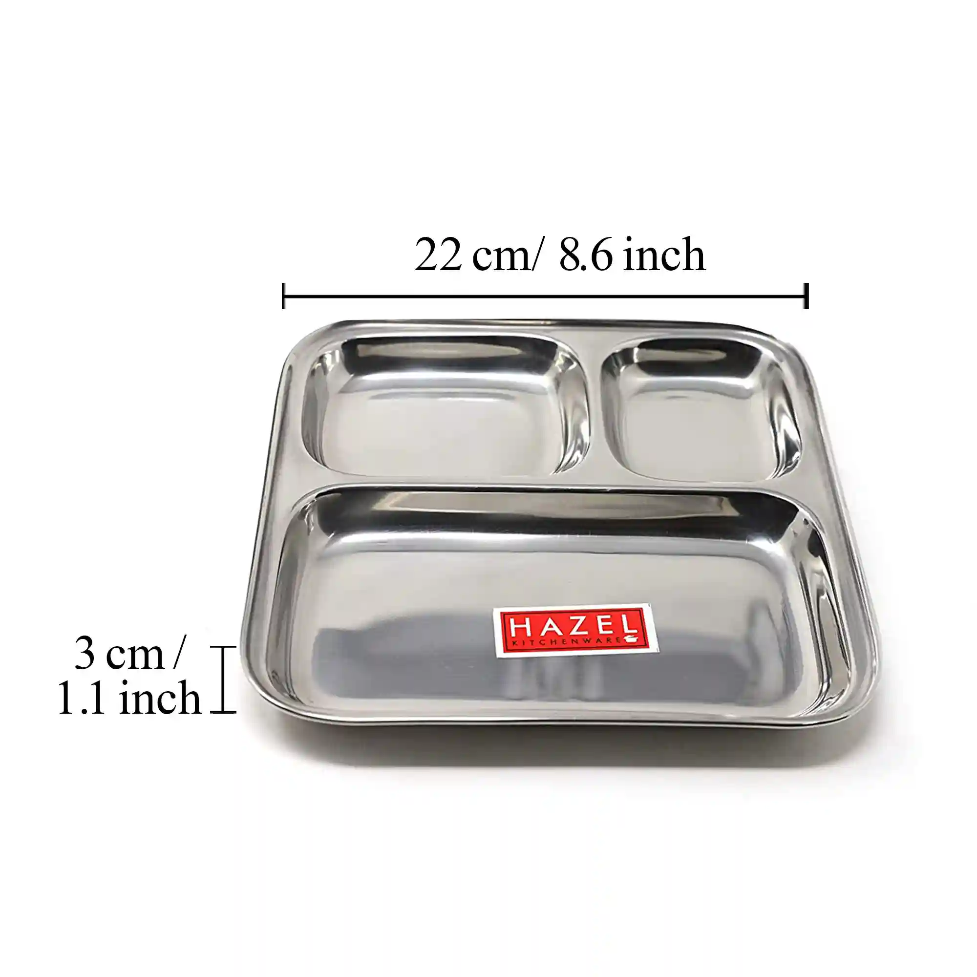 HAZEL Pav Bhaji Plates for Restaurant | Stainless Steel Compartment Plate | 3 in 1 Mess Plate Steel (SS, Small, Set of 1)