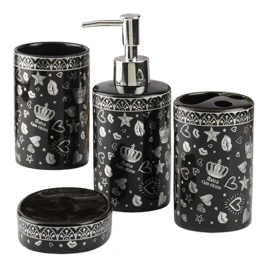 Kookee Ceramic Bathroom Accessories Set of 4, Modern Bath Set with Liquid hand wash Soap Dispenser and Toothbrush holder, Luxury Gift Accessory for Home, Black/Silver (10463)