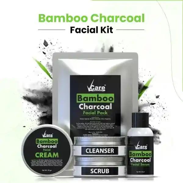 VCare Natural Bamboo Charcoal Facial Pack Kit for Brighter Skin,Deep Pore Cleansing Acne Prone Oily Skin & Blackheads Removal|Detox, Anti Aging, All Skin types (300gm + 50ml)