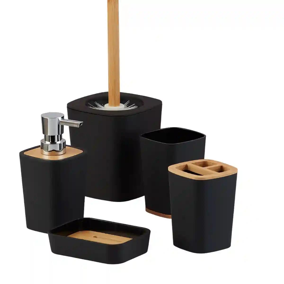 Kookee Acrylic Bathroom Accessories Set of 5, Modern Acrylic Bath Set with Liquid Soap Dispenser and Toothbrush Holder, Bathroom Accessory Set with Toilet Brush Gift Items for Home - Black (10031)