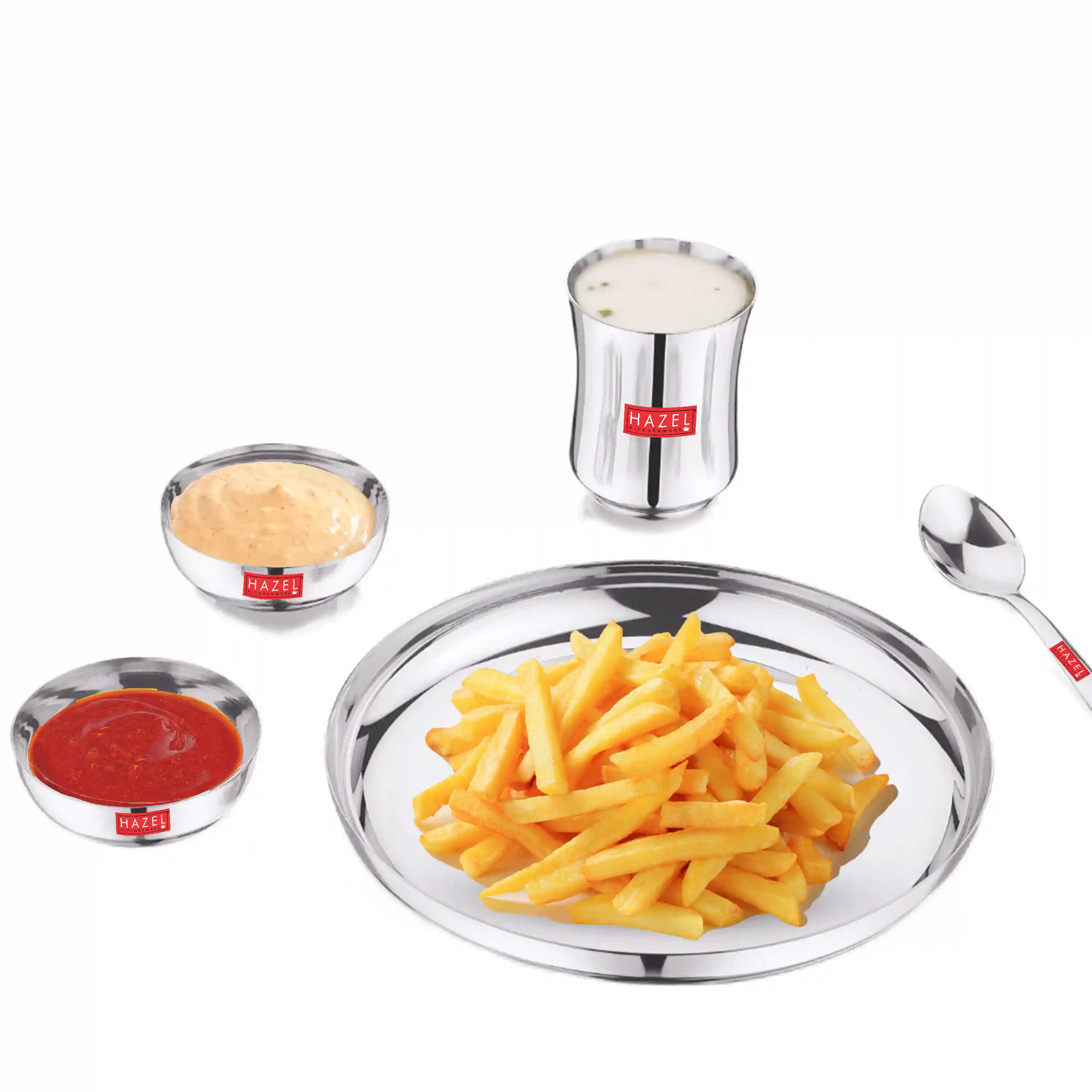 HAZEL Stainless Steel Dinner Set for Kids | Baby Dinner Set Combo of Steel Plate, Glass, Bowl & Spoon (Apple Shape)
